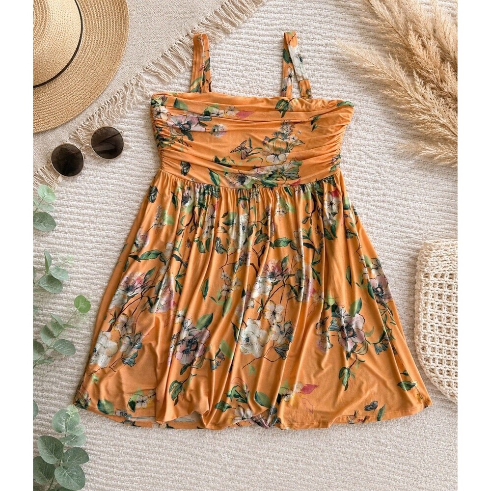 Soma XXL Peach Floral Ruched Sleeveless Dress Stretch Knit Spring Summer